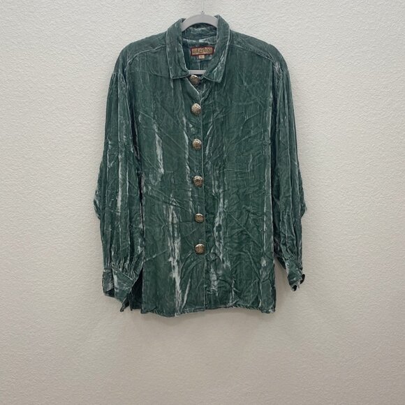 Double D Ranch Tops - Double D Ranch Wear Green Crushed Velvet Concho Button Up Shirt Womens sz Large